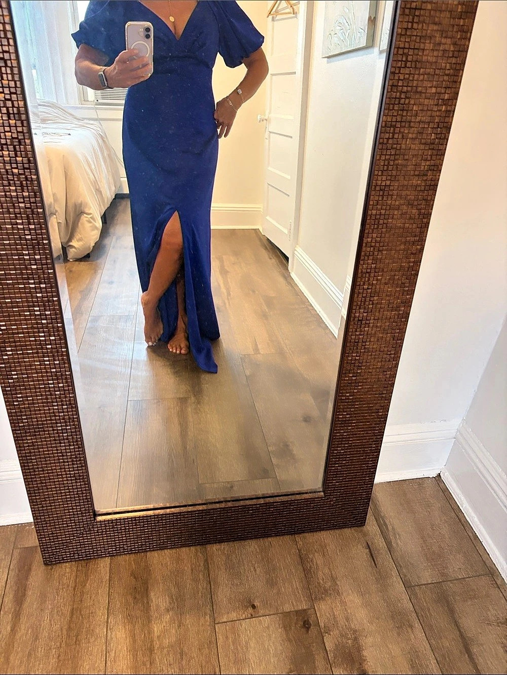 Aidan Mattox Puffed Sleeve Satin Evening Gown Blue Size Medium